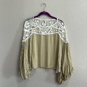 BYSI Women’s Blouse Cropped Bell Sleeves Lace Boho Size S Yellow Striped